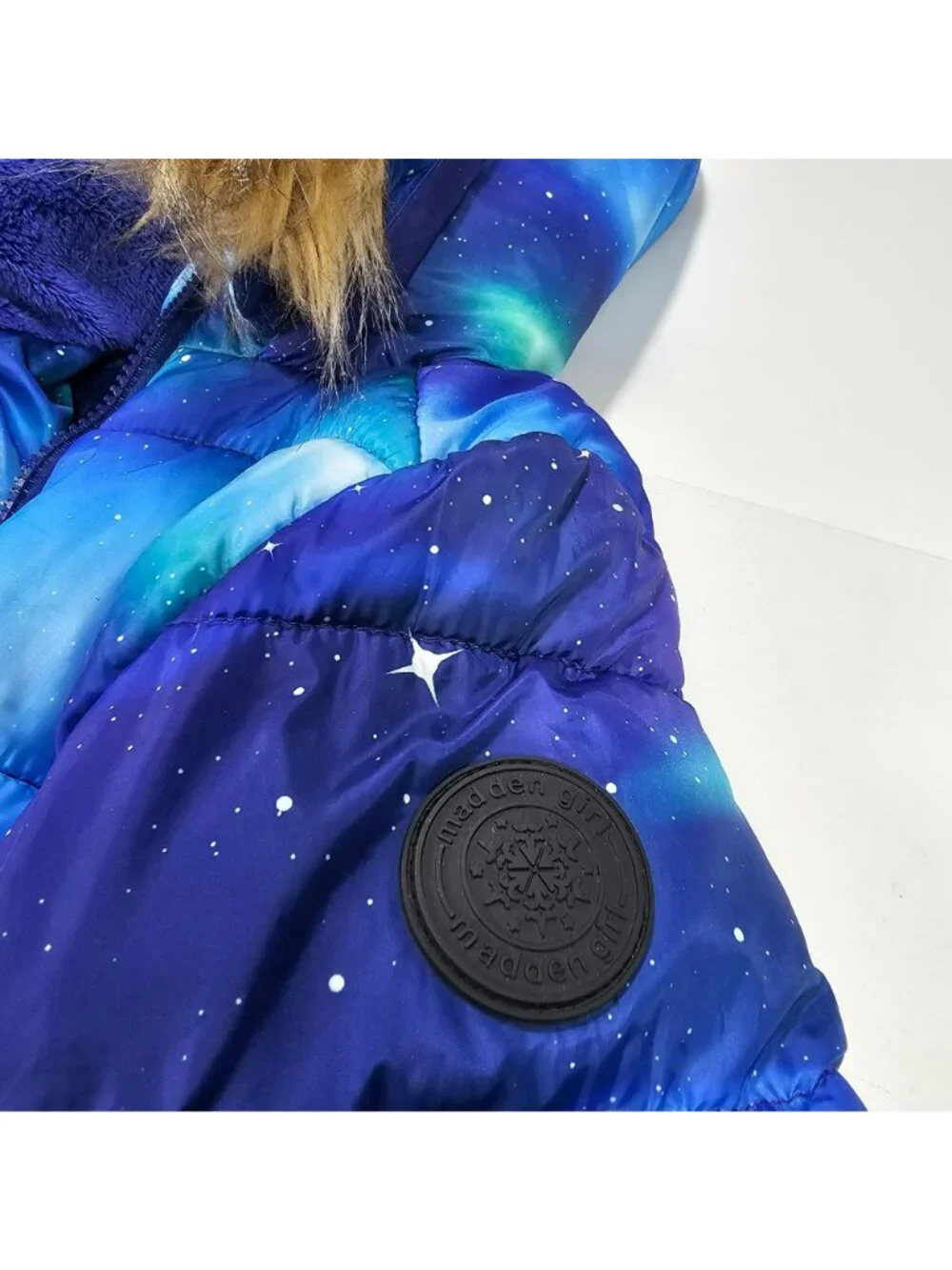 Madden Girl Winter Puffer Jacket Faux Fur Hood Girls Size 6/6X Blue Galaxy Print